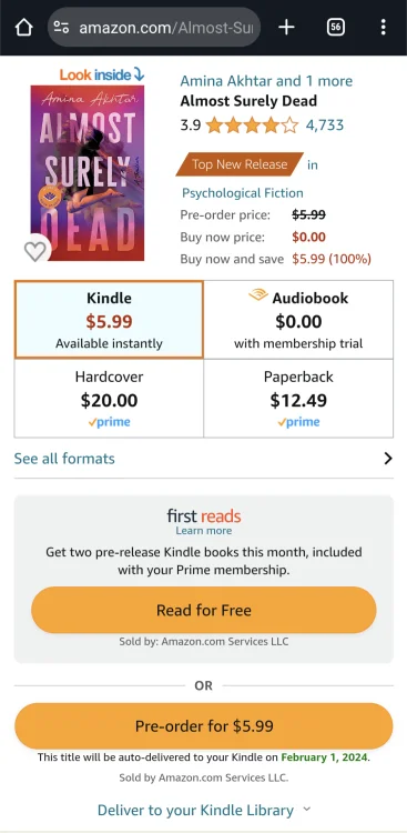 Screenshot of Amazon page on phone from the web browser showing the "read for free" button.