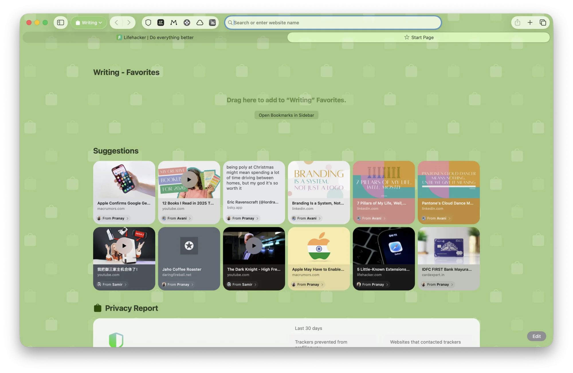 Start page for a new Profile in Safari