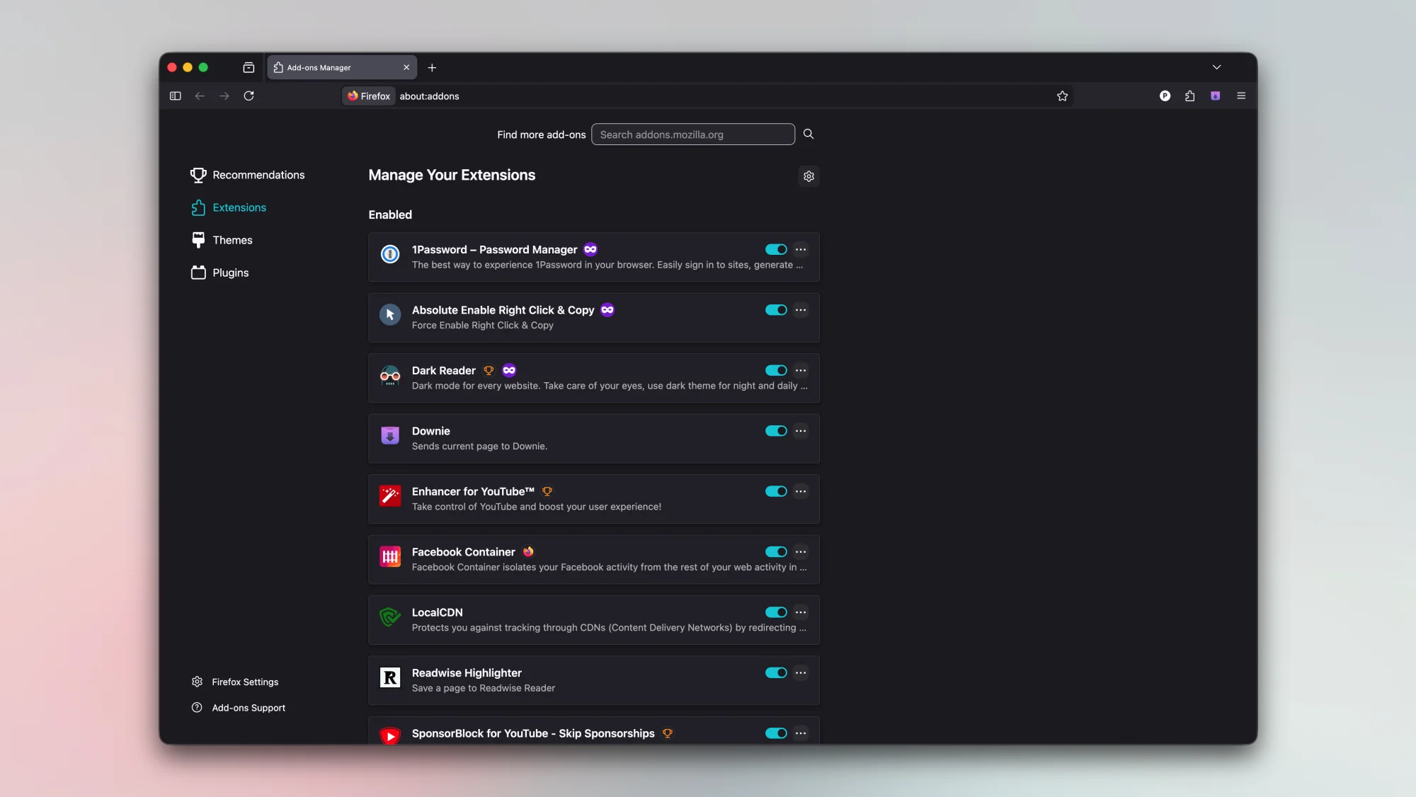Firefox's list of installed extensions