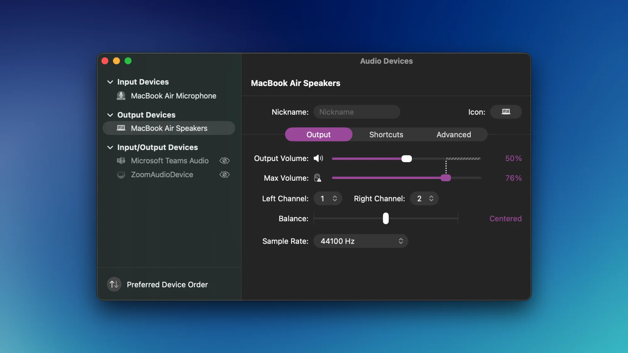 SoundSource showing the list of devices