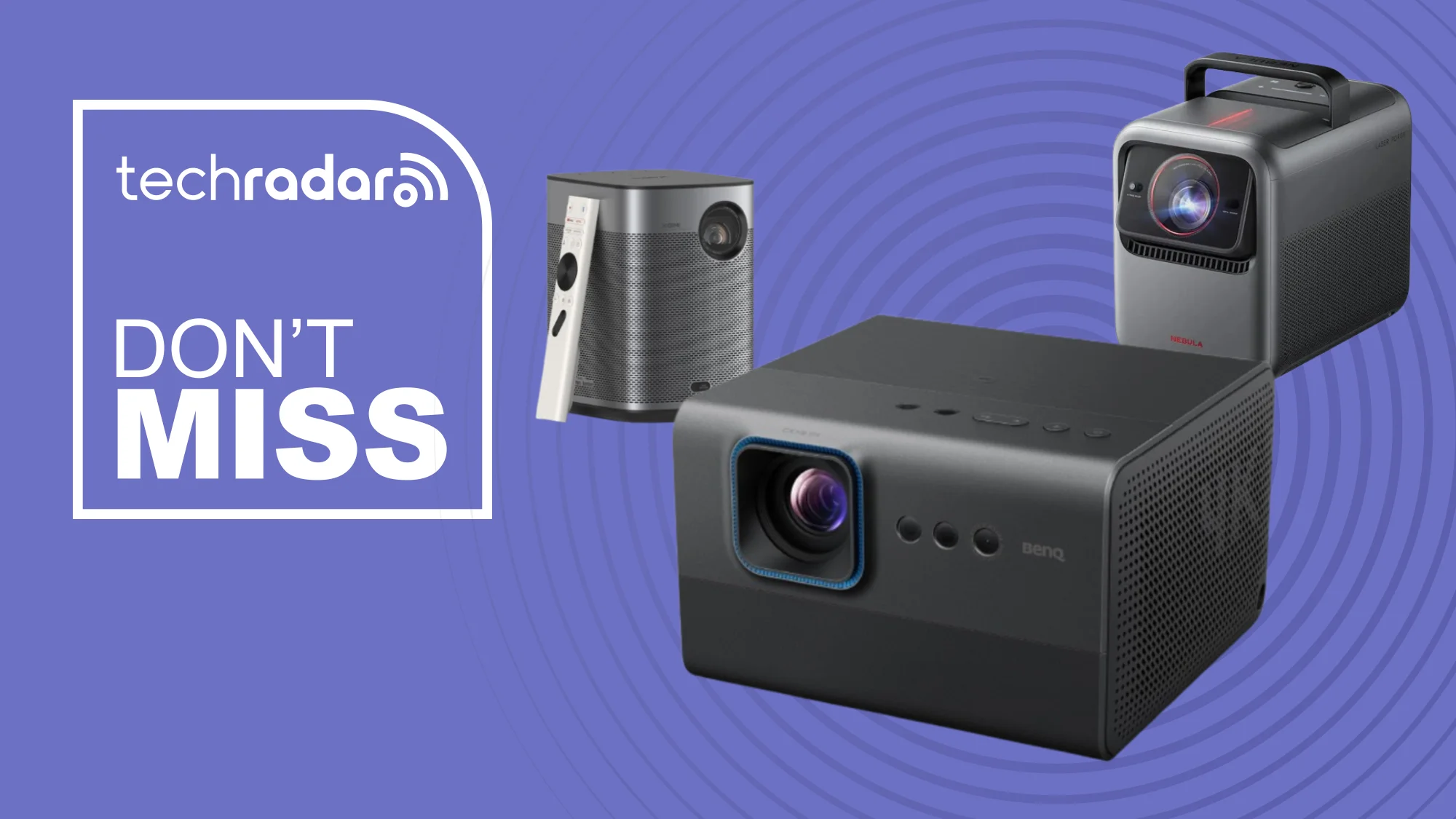 Three portable projectors from Anker, BenQ, and XGIMI on a purple background next to a TechRadar badge reading 'Don't Miss'