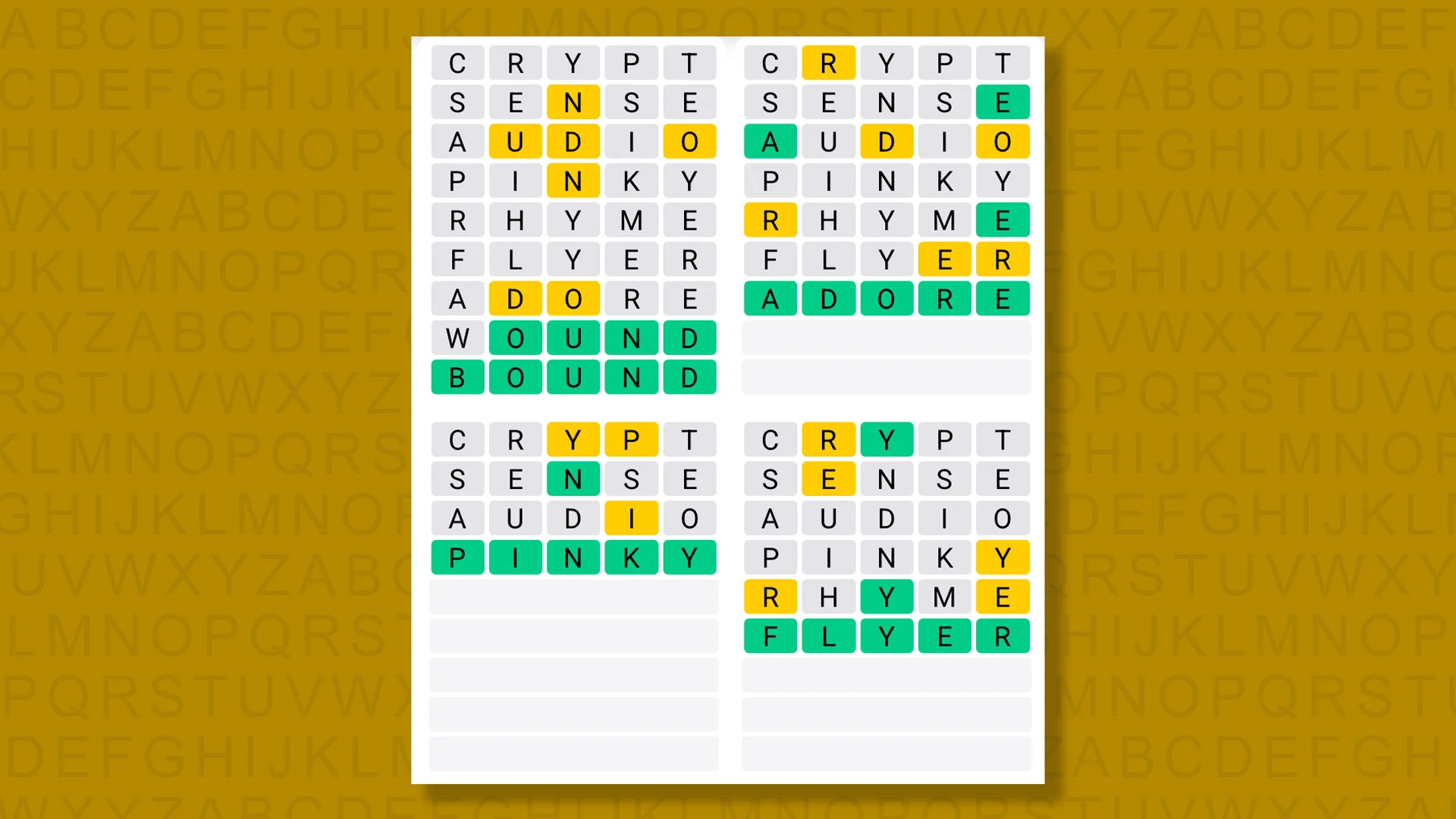 Quordle answers for game 1471 on a yellow background