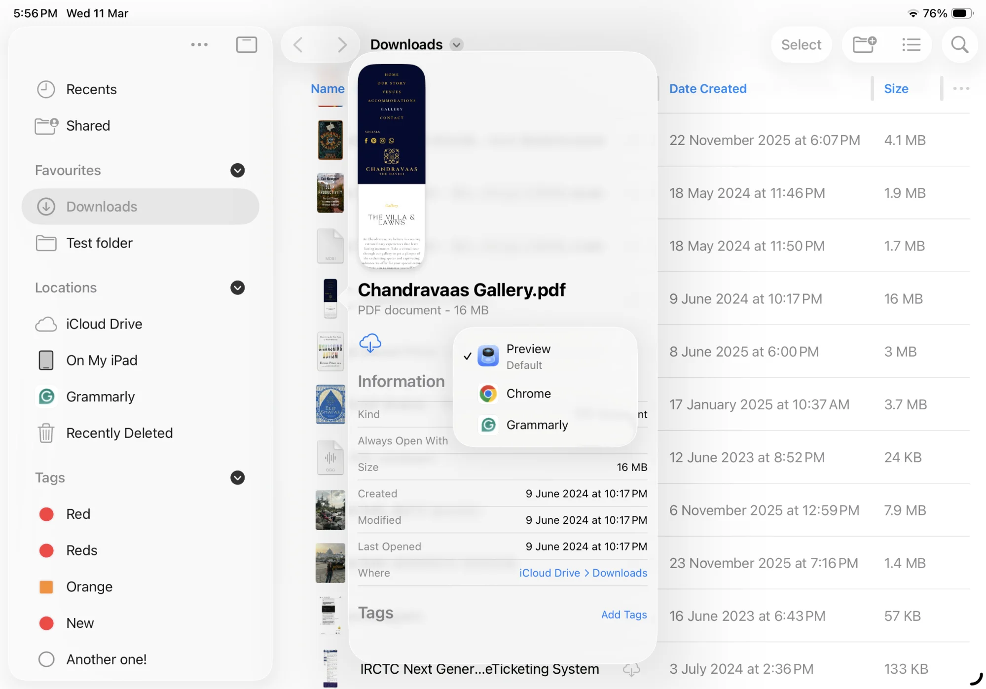 Choosing default apps for a file type in Files app.