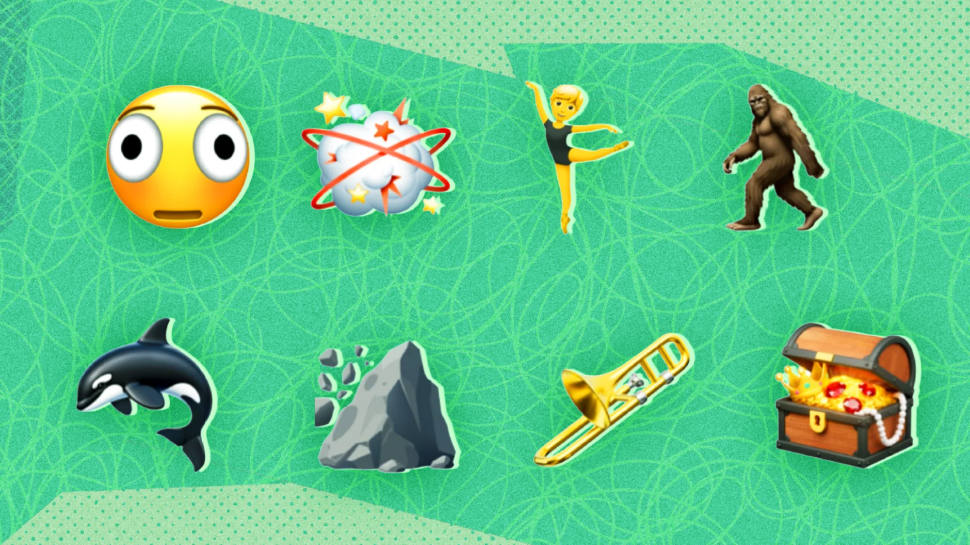 "Distorted Face," "Fight Cloud," "Ballet Dancer," "Orca," "Hairy Creature," "Trombone," "Landslide," and "Treasure Chest."