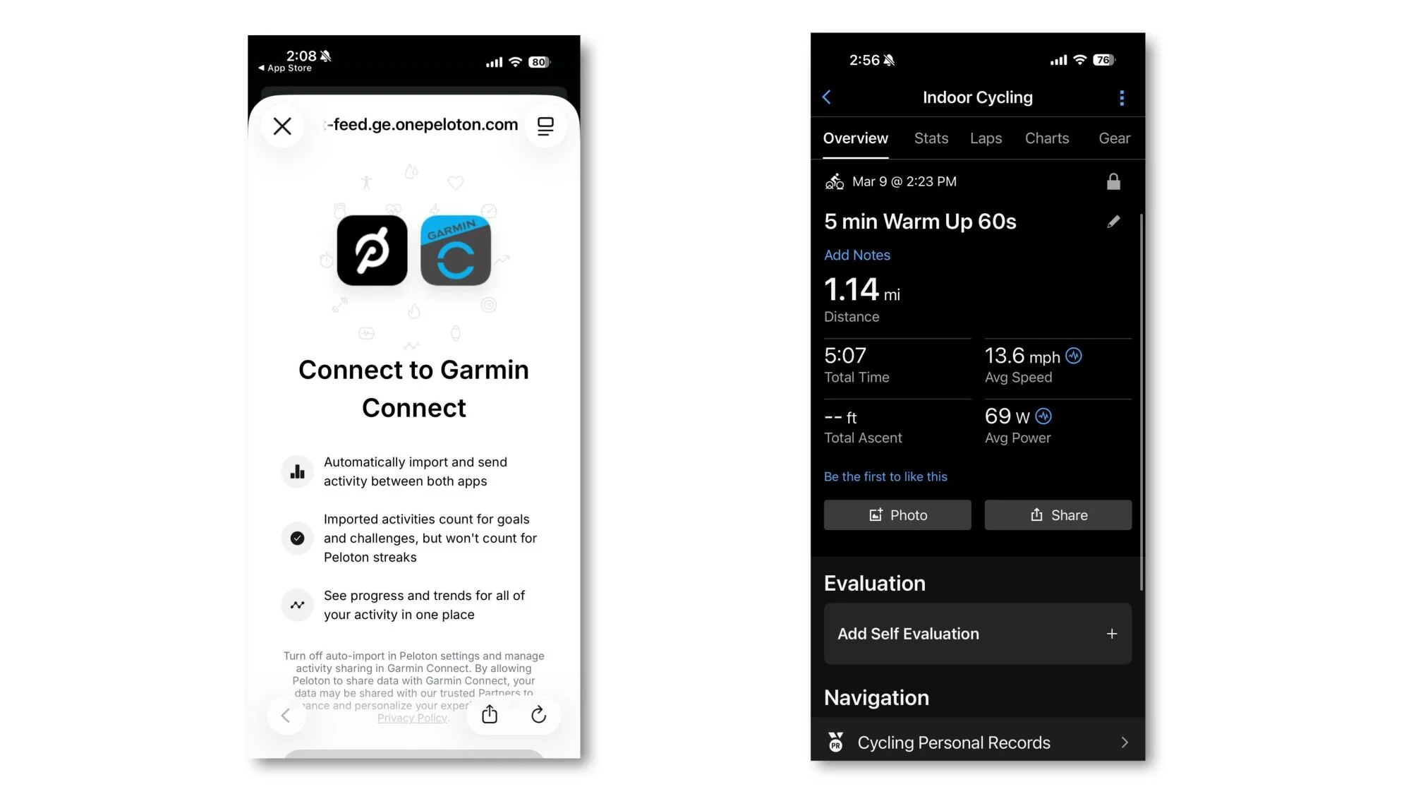 Garmin/Peloton screenshots showing the sync screen and a synced workout