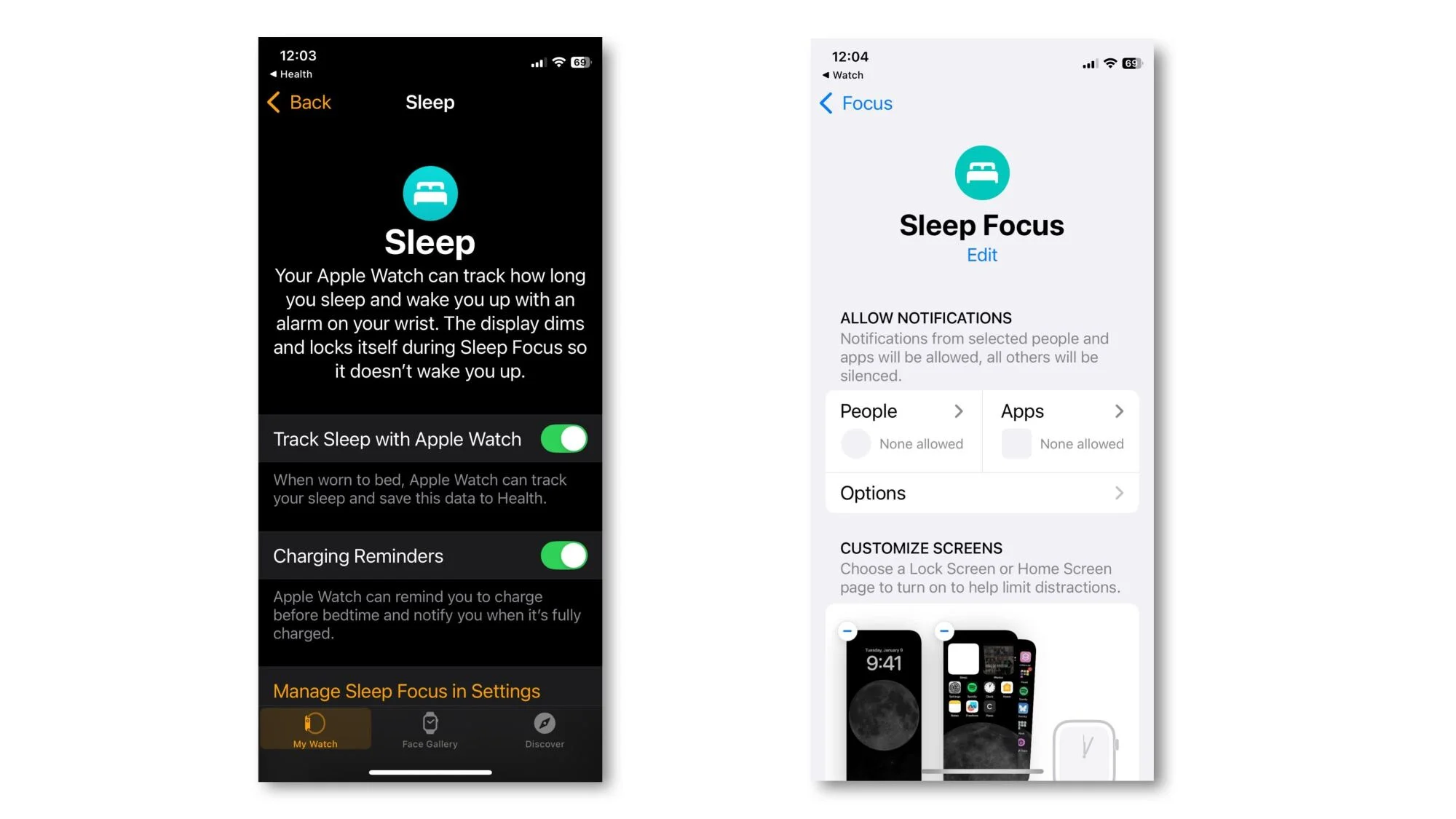 Watch app and Sleep Focus settings