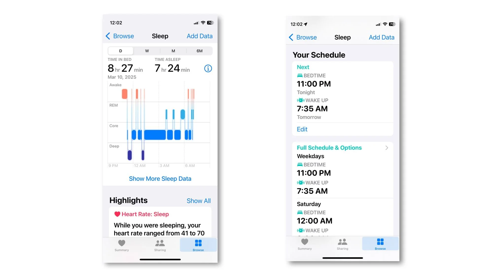 Sleep settings in the Health app