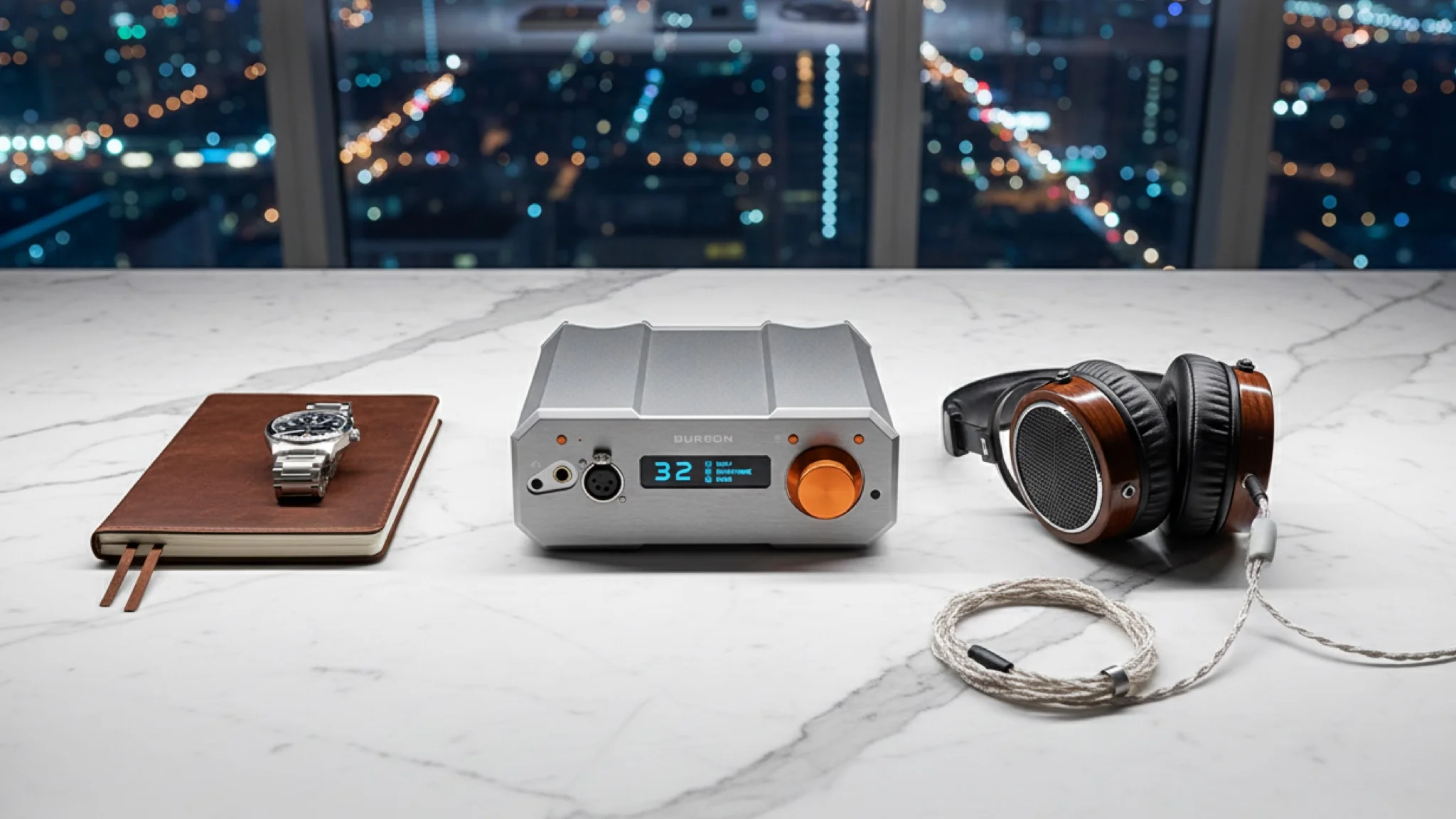 Burson Audio Soloist Stellar on a marble-effect surface with a city visible through the window behind. It's sat next to a notebook and a nice-looking pair of headphones