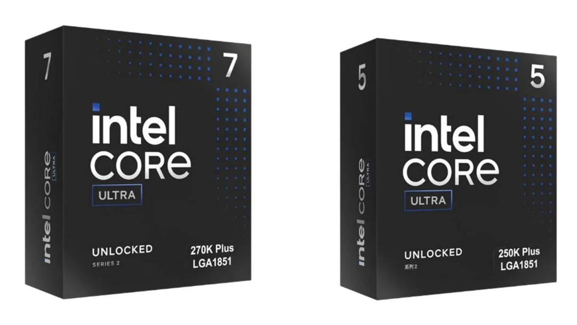 Intel Core Ultra 7 270K Plus and Core Ultra 5 250K Plus processors shown in boxes