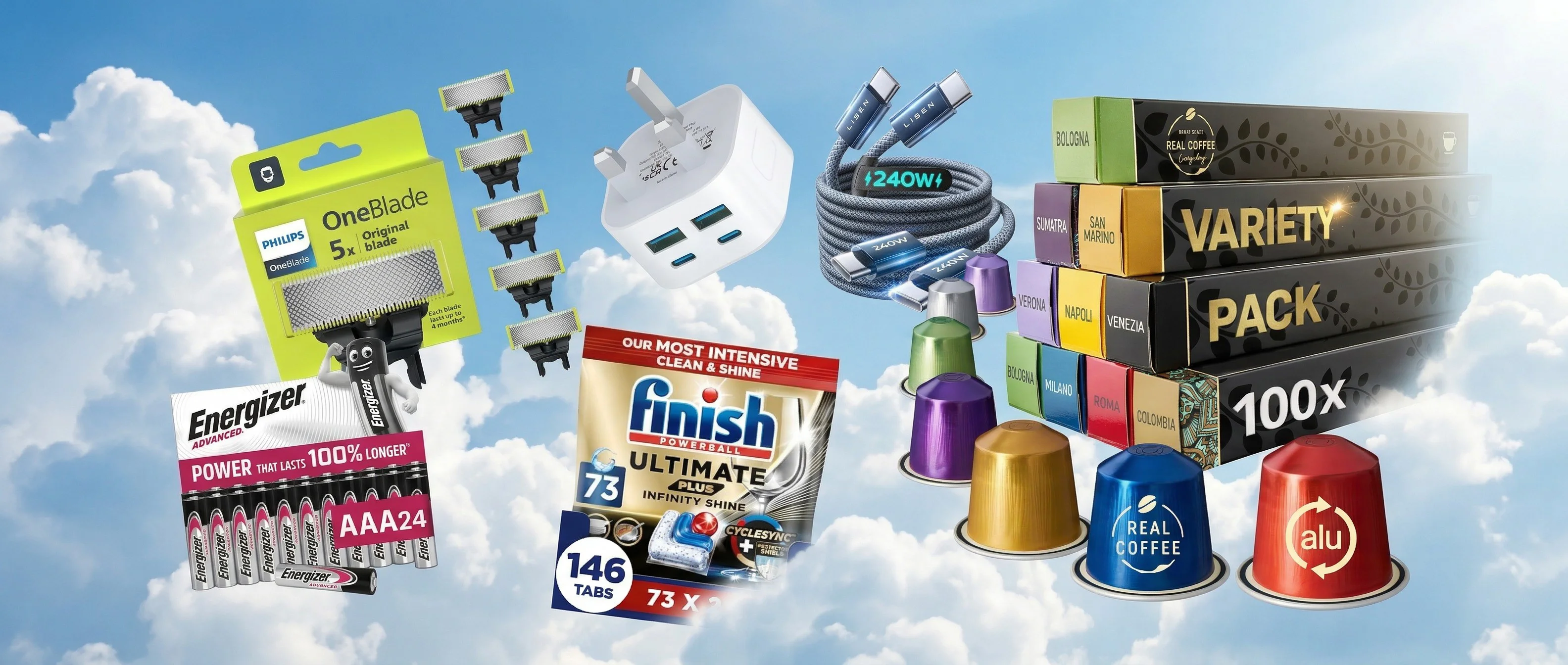 Selection of household essentials floating in the sky