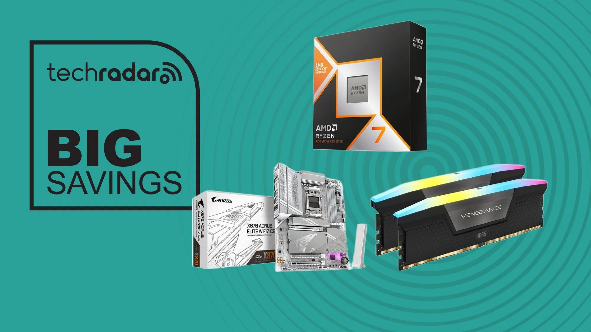 A CPU, motherboard, and RAM on a green background next to a TechRadar badge that reads 'Big Savings'