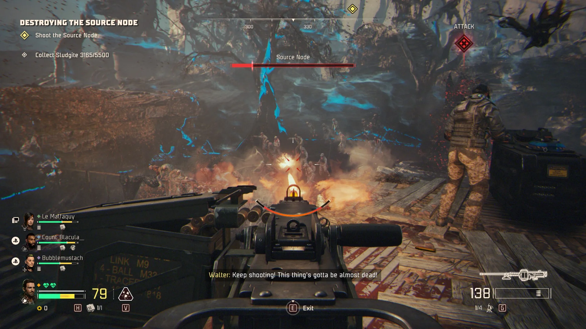 A John Carpenter's Toxic Commando screenshot that shows the player shooting a large boss with a mounted turret.