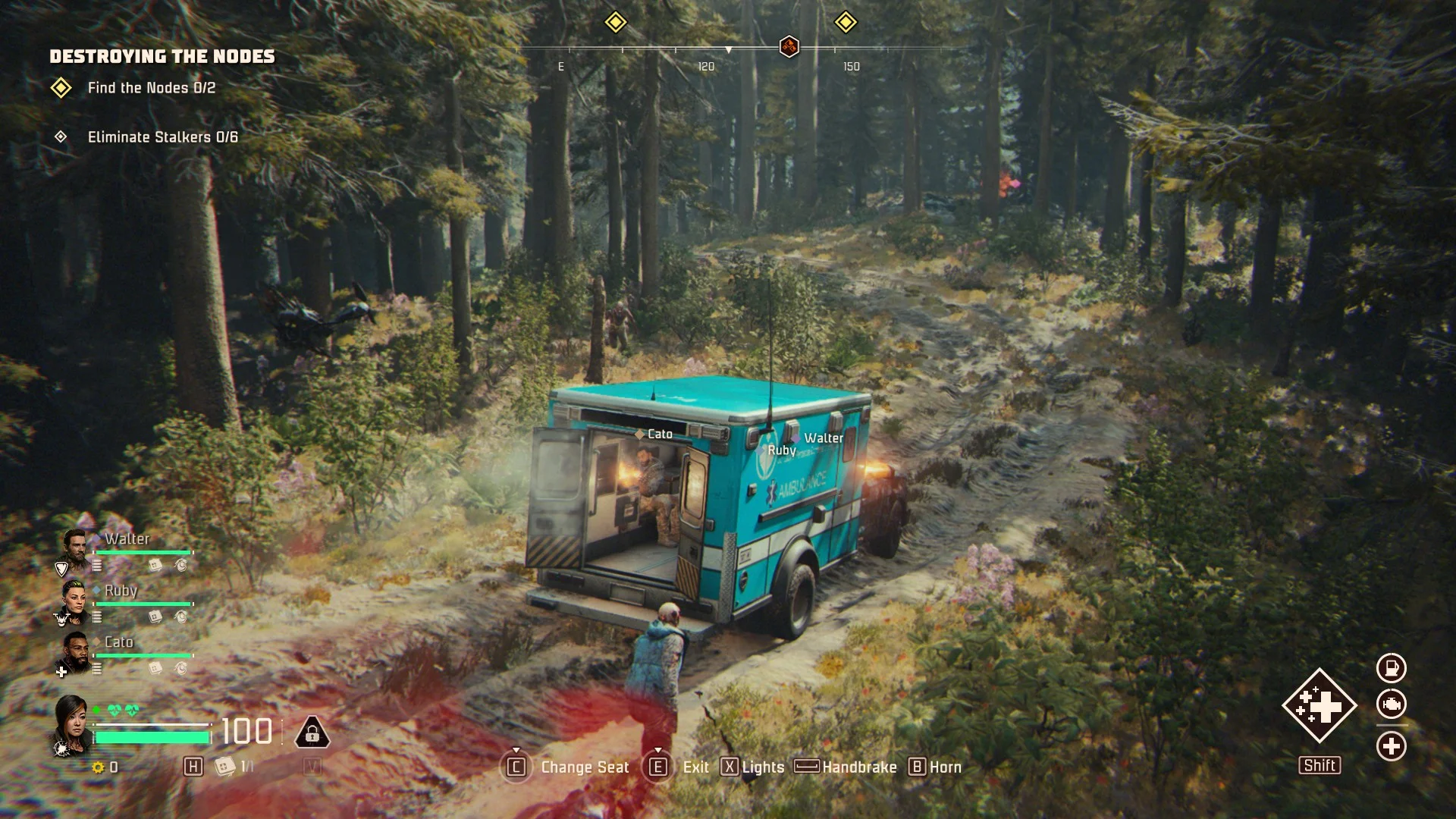 A John Carpenter's Toxic Commando screenshot that shows the player driving an ambulance through a patch of mud in a forest clearing as a single sludge zombie approaches.