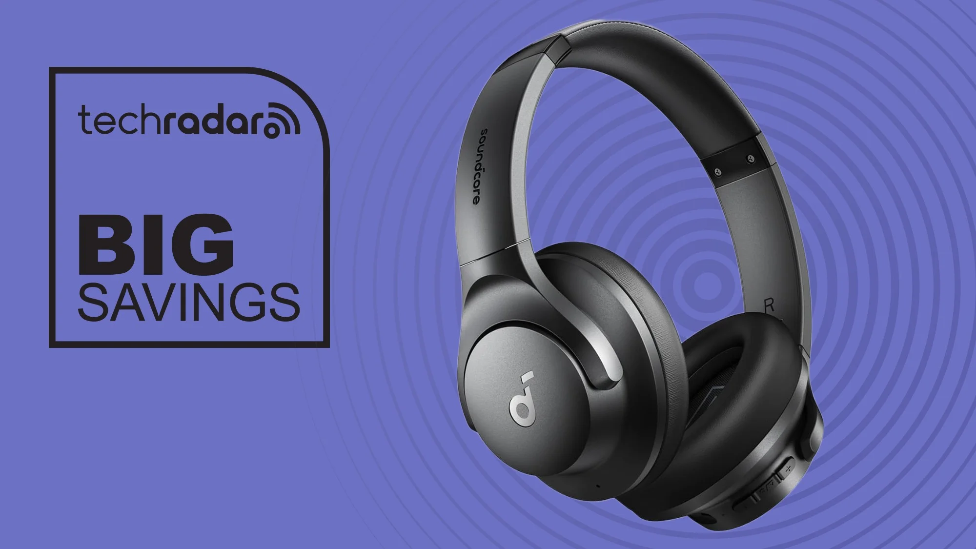 A pair of Anker Soundcore Q20i headphones on a purple background next to a TechRadar badge that reads 'Big Savings'
