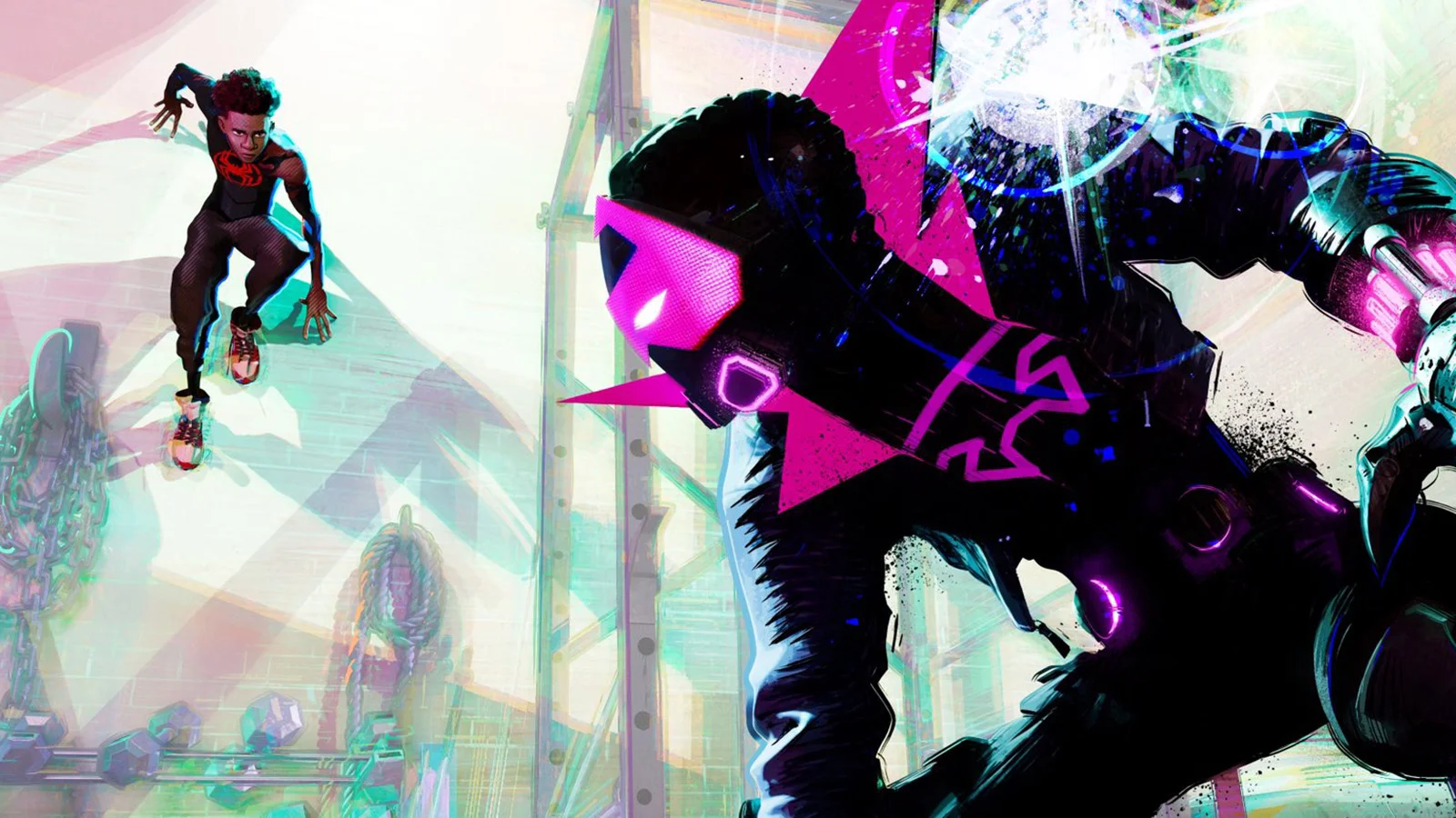 Miles preparing to launch an attack on The Prowler in Spider-Man: Beyond the Spider-Verse